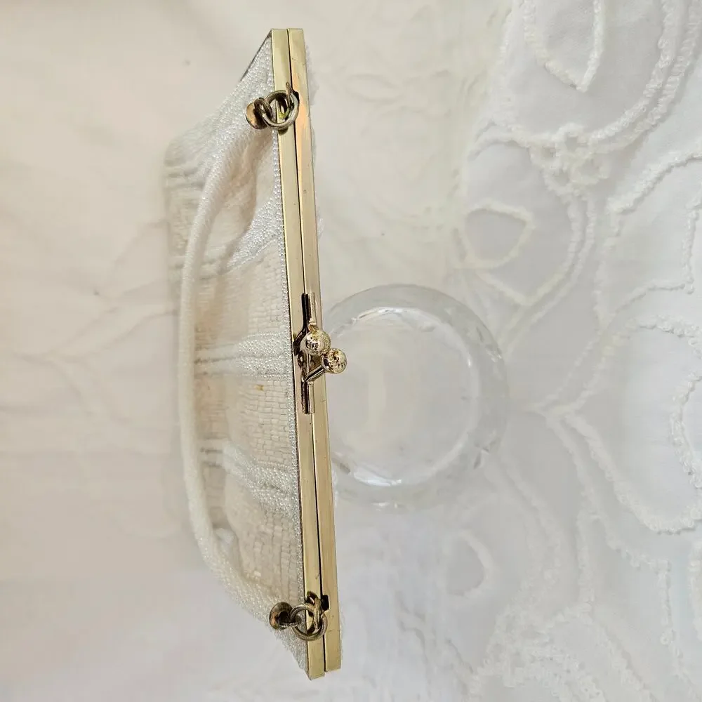 Vintage Walborg White Beaded Kiss Lock Evening Bag